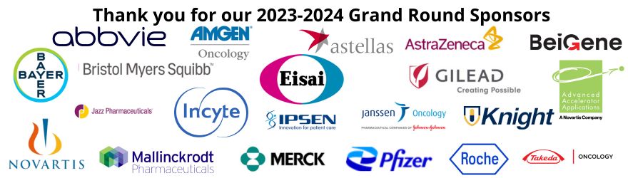 This image showcases the logos of the organizations sponsoring the Department of Oncology's Grand Rounds seminars for 2022-2023. This years sponsors are: Amgen, Apobiologix, AstraZenexa, Bristol Myers Squibb, Bayer, Eisai, Gilead, Jannssen, Knight, Merck, Pfizer, Takeda, and Viatris.